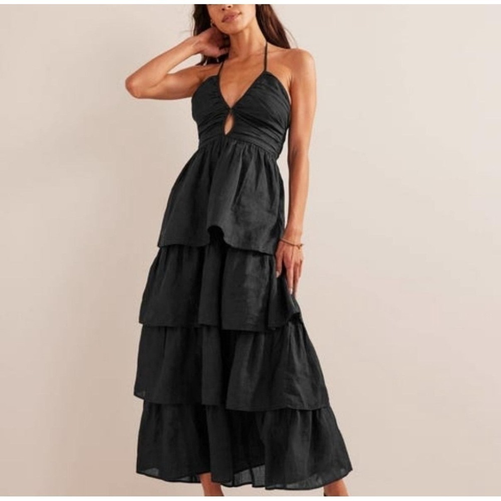 Boden Black Ramie Tiered Maxi Dress Halter Neck Petite 10P / UK 14P Ruffle‎ New